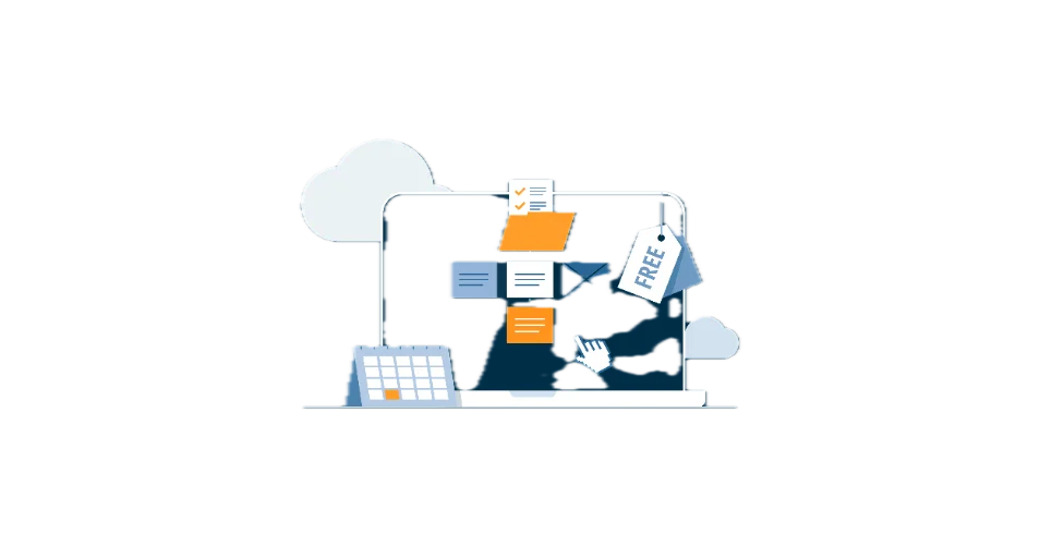 Illustration : un ordinateur portable entouré de documents, d'un agenda et d'une étiquette « gratuit »